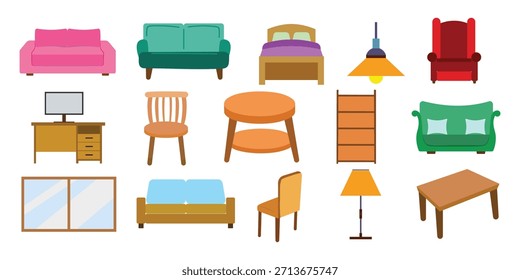 Muebles y Elementos interiores para el hogar. Concepto de conjunto de iconos de muebles de Ilustración vectorial de iconos de electrodomésticos. 
