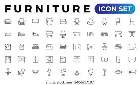 Furniture and home interior elements - thin line web icon set. Outline icons of kitchen, living room, bedroom and office collection