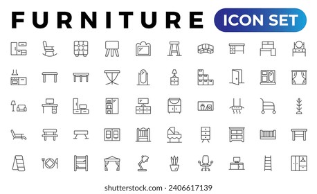 Furniture and home interior elements - thin line web icon set. Outline icons of kitchen, living room, bedroom and office collection