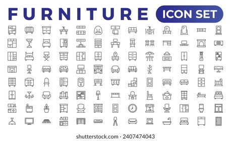 Furniture and home interior elements - thin line web icon set. Outline icons of kitchen, living room, bedroom and office collection