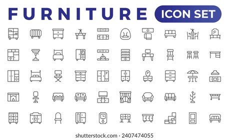 Furniture and home interior elements - thin line web icon set. Outline icons of kitchen, living room, bedroom and office collection