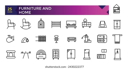 Muebles y elementos interiores del hogar Paquete de iconos de contorno delgado. Muebles y electrodomésticos inteligentes.