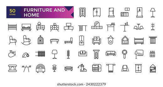 Furniture and home interior elements Thin outline icons pack. Smart home furniture and appliances.