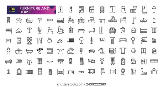 Furniture and home interior elements Thin outline icons pack. Smart home furniture and appliances.