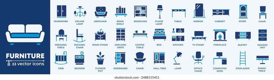 Muebles y Elementos interiores para el hogar - conjunto de iconos de Web de línea delgada. Iconos de contorno de cocina, sala de estar, dormitorio y colección de oficina. Simple Ilustración vectorial.