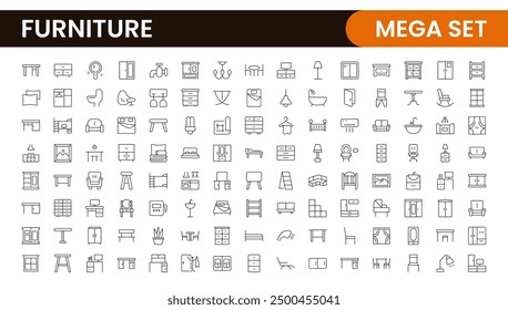 Furniture and home interior elements - thin line web icon set. Outline icons of kitchen, living room, bedroom and office collection.