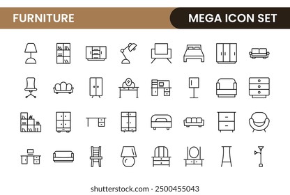 Furniture and home interior elements - thin line web icon set. Outline icons of kitchen, living room, bedroom and office collection.