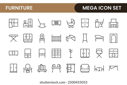 Furniture and home interior elements - thin line web icon set. Outline icons of kitchen, living room, bedroom and office collection.