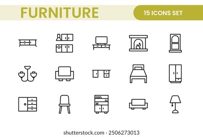 Furniture and home interior elements - thin line web icon set. Outline icons of kitchen, living room, bedroom and office collection.