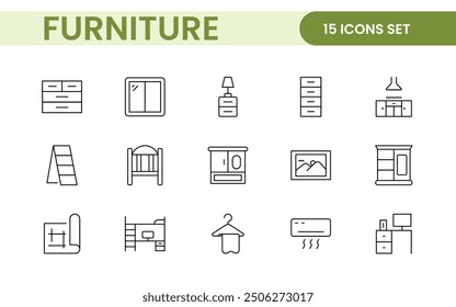 Furniture and home interior elements - thin line web icon set. Outline icons of kitchen, living room, bedroom and office collection.