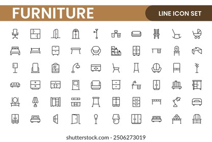 Furniture and home interior elements - thin line web icon set. Outline icons of kitchen, living room, bedroom and office collection.
