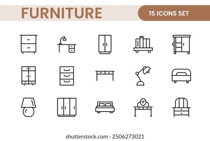 Furniture and home interior elements - thin line web icon set. Outline icons of kitchen, living room, bedroom and office collection.