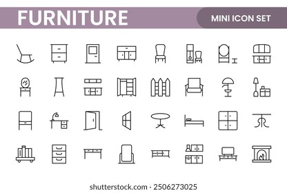 Furniture and home interior elements - thin line web icon set. Outline icons of kitchen, living room, bedroom and office collection.
