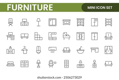 Furniture and home interior elements - thin line web icon set. Outline icons of kitchen, living room, bedroom and office collection.