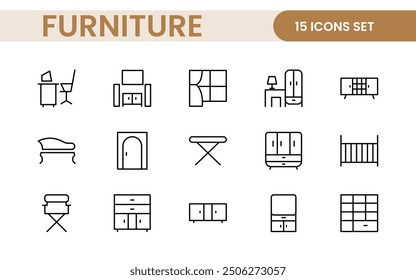 Furniture and home interior elements - thin line web icon set. Outline icons of kitchen, living room, bedroom and office collection.