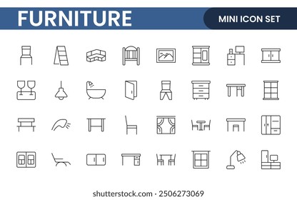 Furniture and home interior elements - thin line web icon set. Outline icons of kitchen, living room, bedroom and office collection.