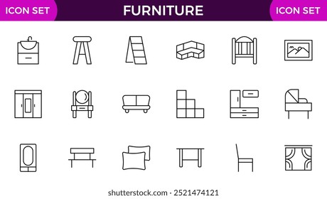 Furniture and home interior elements - thin line web icon set. Outline icons of kitchen, living room, bedroom and office collection.