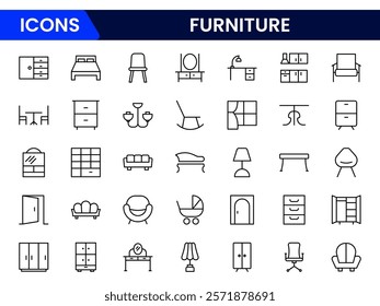 Furniture and home interior elements - thin line web icon set. Outline icons of kitchen, living room, bedroom and office collection.