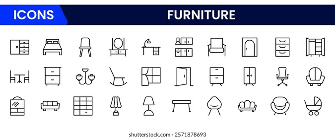 Furniture and home interior elements - thin line web icon set. Outline icons of kitchen, living room, bedroom and office collection.