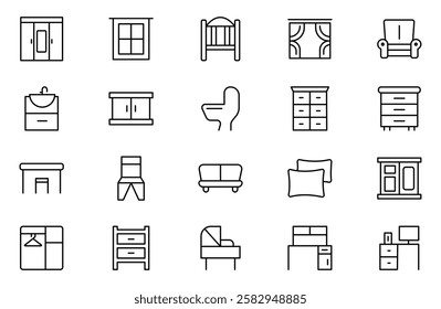 Furniture and home interior elements - thin line web icon set. Outline icons of kitchen, living room, bedroom and office collection.