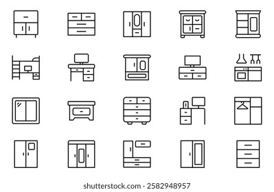 Furniture and home interior elements - thin line web icon set. Outline icons of kitchen, living room, bedroom and office collection.