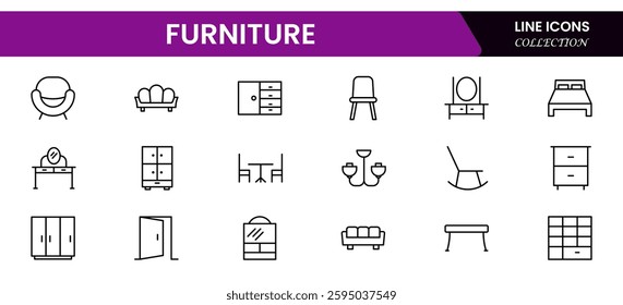 Furniture and home interior elements - thin line web icon set. Outline icons of kitchen, living room, bedroom and office collection.