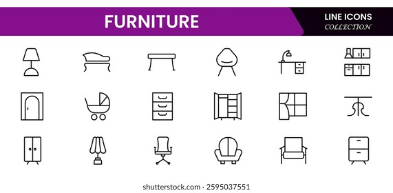 Furniture and home interior elements - thin line web icon set. Outline icons of kitchen, living room, bedroom and office collection.