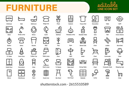 Furniture and home interior elements - thin line web icon set. Outline icons of kitchen, living room, bedroom and office collection.
