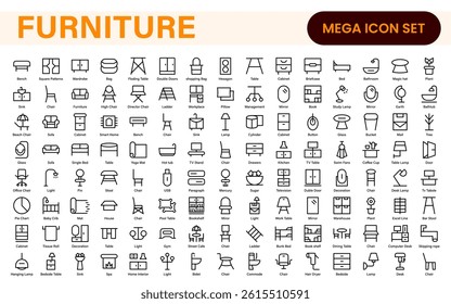 Furniture and home interior elements - thin line web icon set. Outline icons of kitchen, living room, bedroom and office collection.