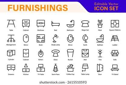 Furniture and home interior elements - thin line web icon set. Outline icons of kitchen, living room, bedroom and office collection.