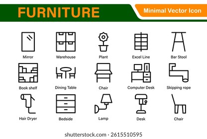 Furniture and home interior elements - thin line web icon set. Outline icons of kitchen, living room, bedroom and office collection.