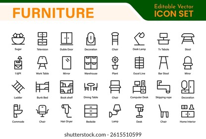 Furniture and home interior elements - thin line web icon set. Outline icons of kitchen, living room, bedroom and office collection.
