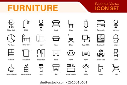 Furniture and home interior elements - thin line web icon set. Outline icons of kitchen, living room, bedroom and office collection.