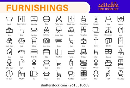 Furniture and home interior elements - thin line web icon set. Outline icons of kitchen, living room, bedroom and office collection.