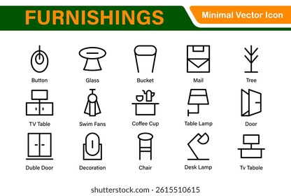 Furniture and home interior elements - thin line web icon set. Outline icons of kitchen, living room, bedroom and office collection.