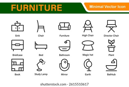 Furniture and home interior elements - thin line web icon set. Outline icons of kitchen, living room, bedroom and office collection.