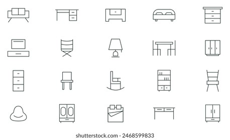 Furniture and home interior line icon set. Bed, home decor, Kitchen, living room, bedroom and office, furniture outline icon collection. Thin outline icons pack.