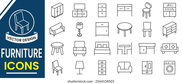 Furniture, home interior line icon, elements sign and symbol design. Furniture icon, vector set. Containing sofa, chair, table lamp design for living room, bedroom, office. Vector illustration.