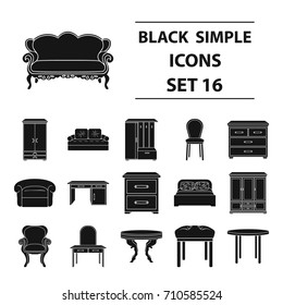Furniture and home interior set icons in black style. Big collection of furniture and home interior vector symbol stock illustration