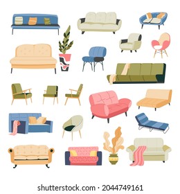 Furniture for home, isolated sofa and couch with soft cushions, armchairs and decor. Houseplants in pots with leaves and greenery. Furnishing and styling interior of space. Vector in flat style