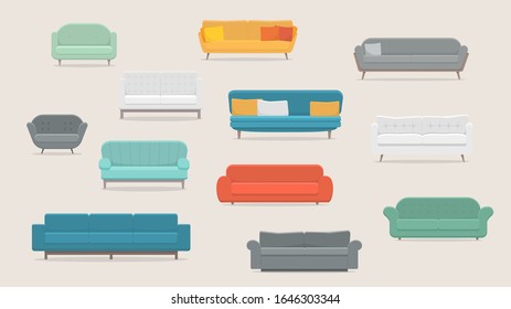 Furniture for home and office. Set of various comfortable modern sofas, vector illustration in a flat trend style.