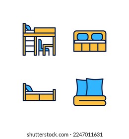 Furniture for home pixel perfect RGB color icons set. Bed, bedclothes. Bedroom decor. House furnishings. Isolated vector illustrations. Simple filled line drawings collection. Editable stroke
