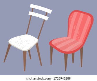 Furniture for home vector, isolated armchair designed in vintage style and standard chair made of wood or plastic. Pouf for sitting, comfortable seat