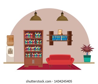 furniture house interior with couch, bookshelf, hanging lamp, water dispenser and plant pot over carpet icon cartoon vector illustration graphic design