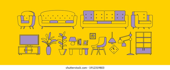 furniture house interior elements set outline style on yellow background vector illustration