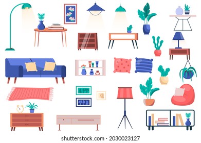 Mobiliario, plantas de la casa y decoración de elementos aislados. Conjunto de sofá con almohadas, mesas, lámparas, almohadas, estanterías, cuadros y otros. Kit de creación para ilustración vectorial en diseño de dibujos animados planos