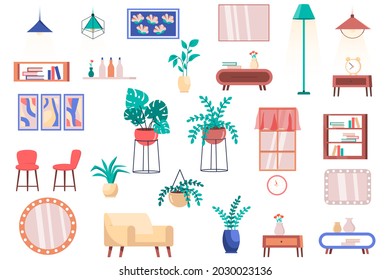 Furniture, house plants and decor isolated elements set. Bundle of chairs, armchair, tables, lamps, shelves, mirrors, window and other. Creator kit for vector illustration in flat cartoon design