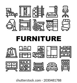 Furniture House Room Interior Icons Set Vector. Vintage And Modern Furniture, For Sport Exercising And Relaxation, Bedroom Bed And Office Chair, Warehouse Shelves And Medical Contour Illustrations