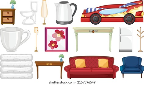 Furniture and household appliances on white background illustration