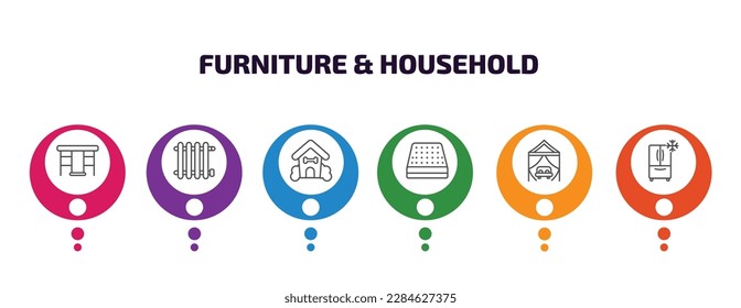 furniture  household infographic template with icons and 6 step or option. furniture  household icons such as gateleg table, radiator, pet house, mattress, canopy bed, refrigerator vector. can be